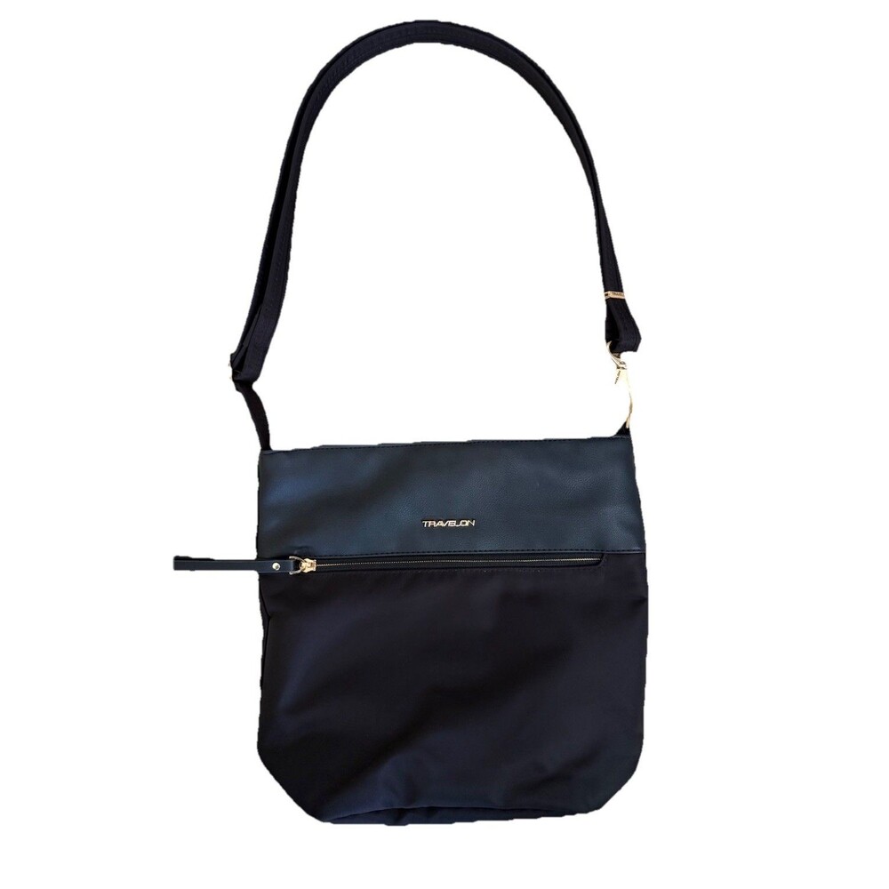 Travelon Anti-Theft Addison Bucket Bag Locking Zippers Gold Hardware Black NWOT
